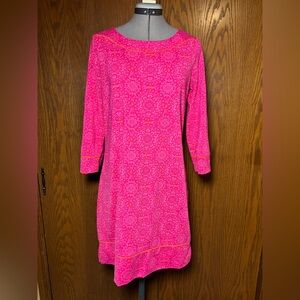 Lands' End Hot Pink Printed Long Sleeve Boatneck Dress with Orange Trim.